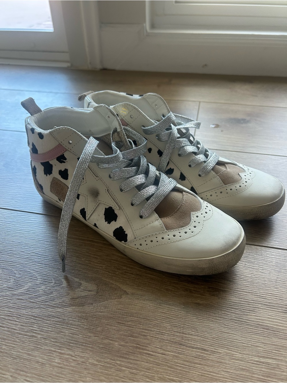 Golden Goose Mid-Rise White Sneakers with Black Cow Spots (EU 41)